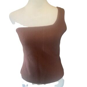 Express Womens One Shoulder Ribbed Knit Tank Top S Brown Boho Y2K Grunge